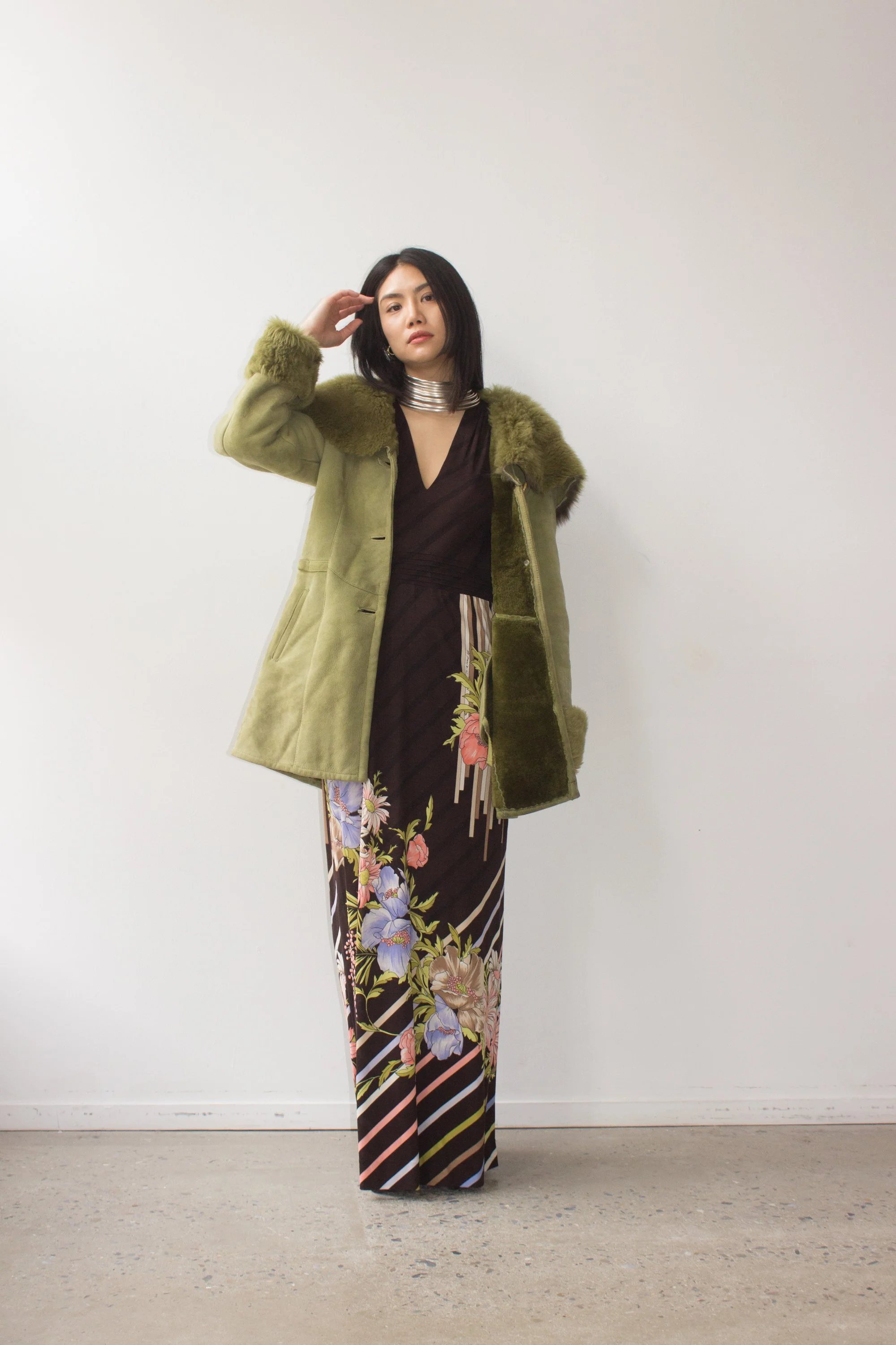 90s ヴィンテージ 本革 緑 レザーコート Y2K ファー切替 装飾 ロング 1990s Chartreuse Shearling Hooded Jacket — Wayward Collection